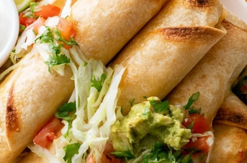 Delicious crispy chicken flautas served with salsa and avocado
