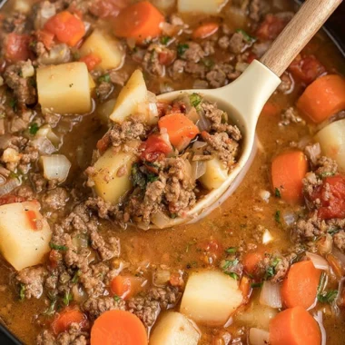 Bowl of Cozy Crock-Pot Poor Man's Stew with vegetables and meat
