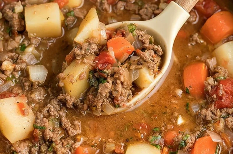 Bowl of Cozy Crock-Pot Poor Man's Stew with vegetables and meat