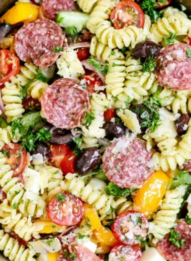 Cozy Italian Pasta Salad with fresh vegetables and dressing