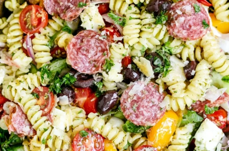 Cozy Italian Pasta Salad with fresh vegetables and dressing