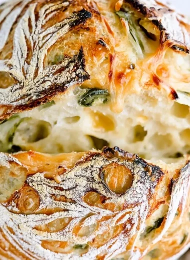 Freshly baked jalapeño cheddar sourdough bread with a golden crust