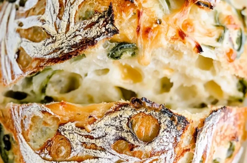Freshly baked jalapeño cheddar sourdough bread with a golden crust