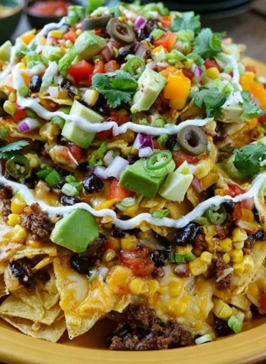 Cozy loaded nachos topped with cheese, jalapeños, and salsa.