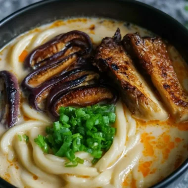 Cozy miso udon soup with teriyaki mushrooms in a bowl