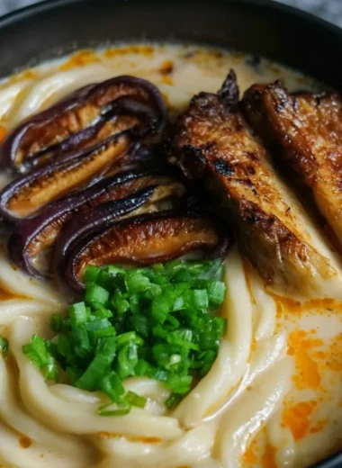 Cozy miso udon soup with teriyaki mushrooms in a bowl