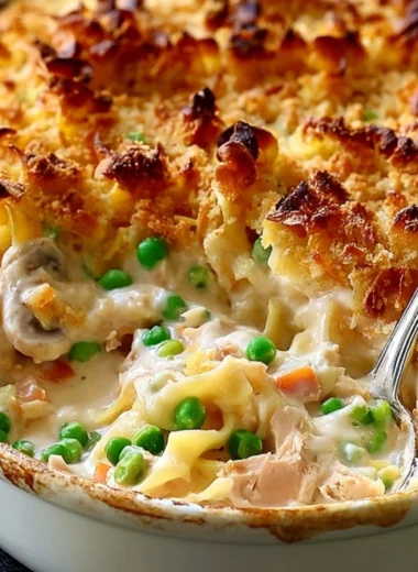 Delicious cozy no-soup tuna noodle casserole served in a bowl