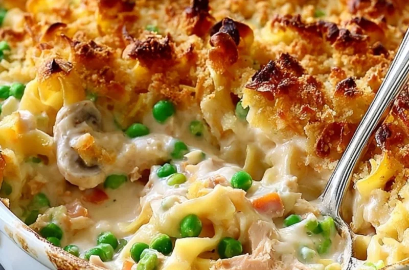 Delicious cozy no-soup tuna noodle casserole served in a bowl