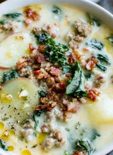 Bowl of Olive Garden imitation Zuppa Toscana ready to serve