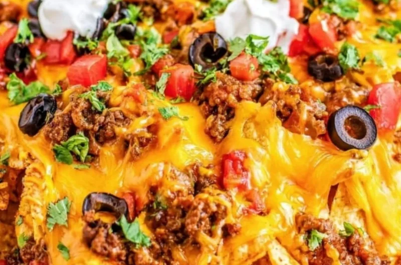 Delicious cozy sheet pan nachos topped with cheese and toppings