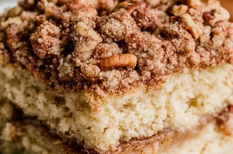 Freshly baked sourdough coffee cake served on a rustic plate