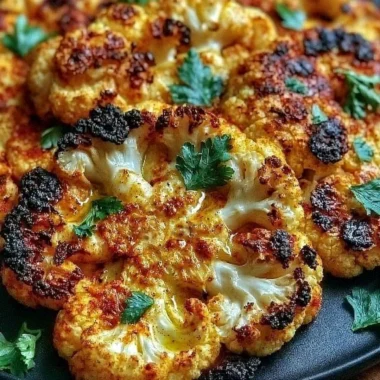 Crispy baked cauliflower steaks garnished with herbs and spices.