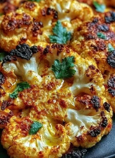 Crispy baked cauliflower steaks garnished with herbs and spices.