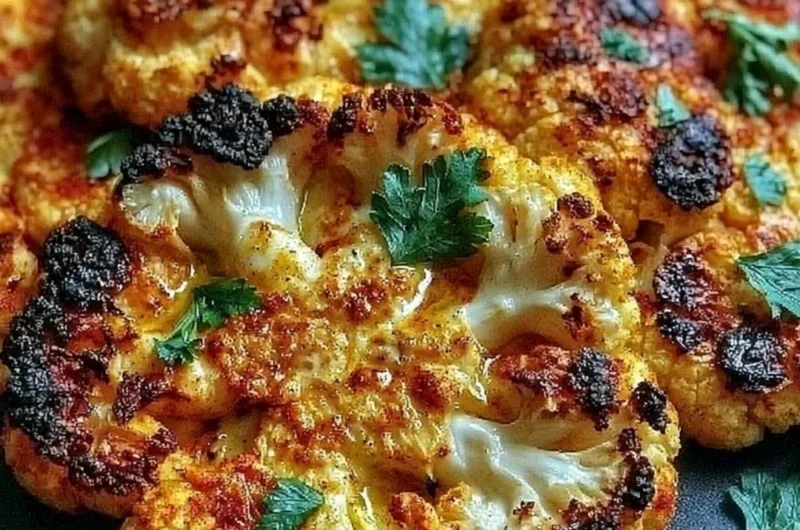 Crispy baked cauliflower steaks garnished with herbs and spices.