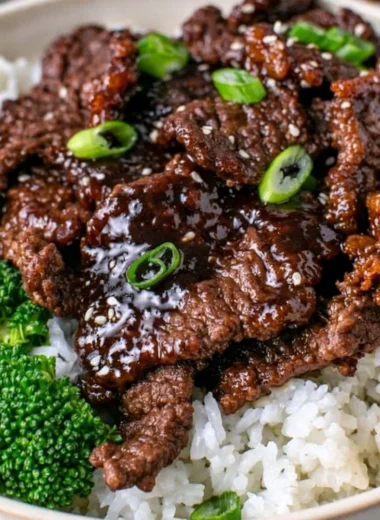 Easy Mongolian beef recipe with tender beef in a sweet soy sauce