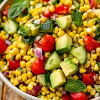A vibrant bowl of fresh corn salad with colorful vegetables and herbs.