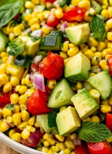 A vibrant bowl of fresh corn salad with colorful vegetables and herbs.