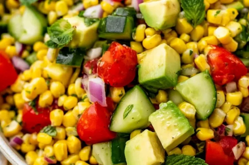 A vibrant bowl of fresh corn salad with colorful vegetables and herbs.
