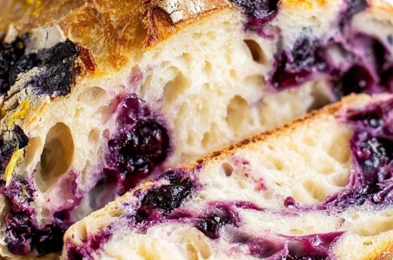 Lemon Blueberry Sourdough Bread fresh out of the oven with blueberries and lemon slices