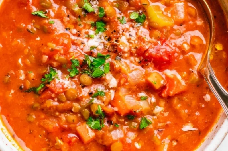 Bowl of Mediterranean Lentil Soup garnished with fresh herbs