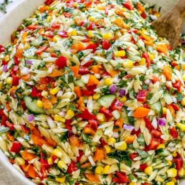 Colorful Rainbow Orzo Salad with Fresh Vegetables and Dressing