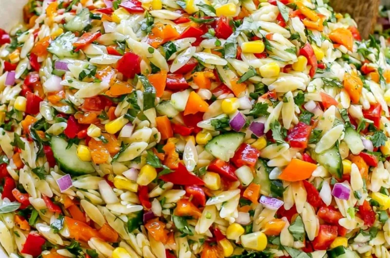 Colorful Rainbow Orzo Salad with Fresh Vegetables and Dressing