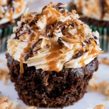 Delicious Samoas Cupcakes topped with caramel and coconut