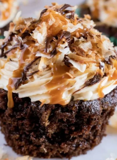 Delicious Samoas Cupcakes topped with caramel and coconut
