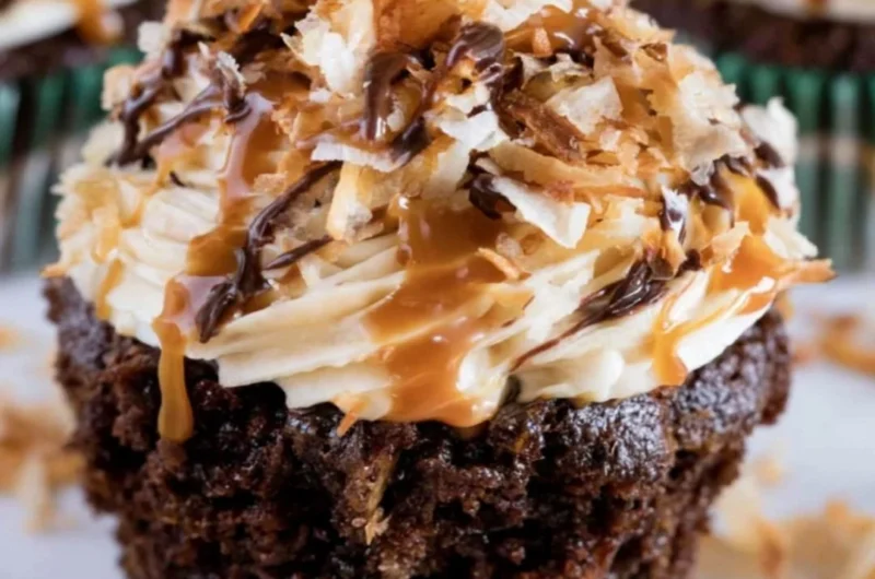 Delicious Samoas Cupcakes topped with caramel and coconut