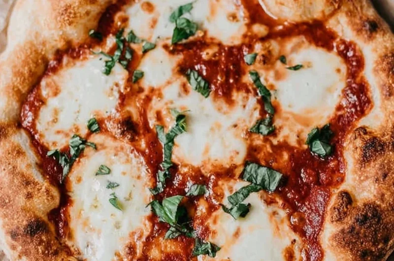Homemade sourdough pizza crust topped with fresh ingredients