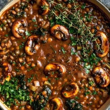 A bowl of Vegan Lentil Mushroom Stew garnished with fresh herbs