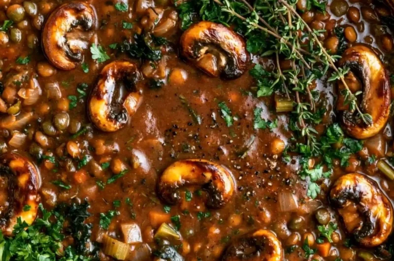 A bowl of Vegan Lentil Mushroom Stew garnished with fresh herbs