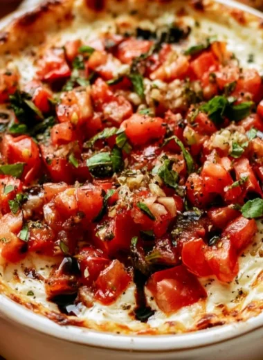 Delicious baked bruschetta dip with tomatoes, cheese, and herbs served in a dish.