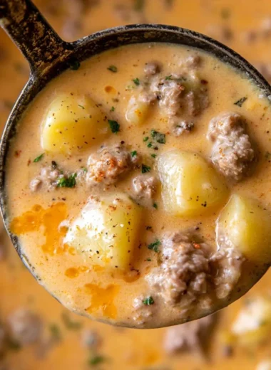 Delicious cheesy beef and potato soup served in a bowl.