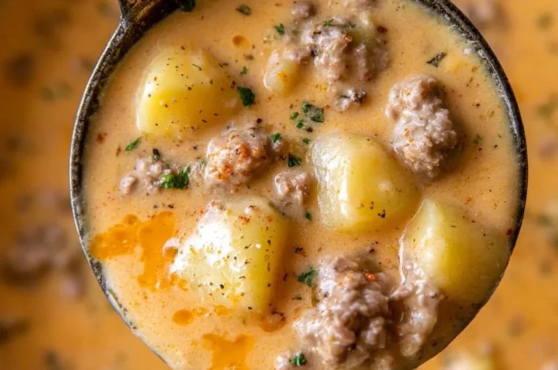 Delicious cheesy beef and potato soup served in a bowl.