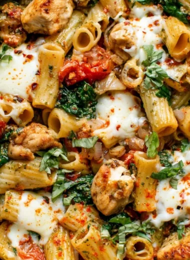Pesto chicken pasta bake with melted cheese and fresh basil in a baking dish
