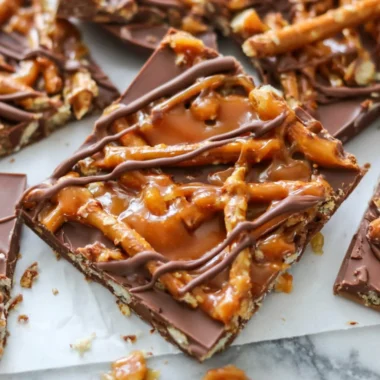 Salted caramel pretzel bark dessert with sweet and salty flavors