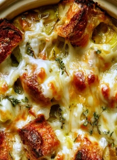 Savory Gruyere and leek bread pudding served as a cozy dinner dish.